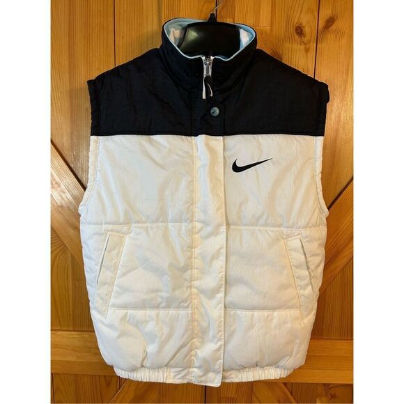 Vintage Nike Women White Black Swoosh Full Zip Puffer Vest Size Small (8358) - Picture 1 of 8